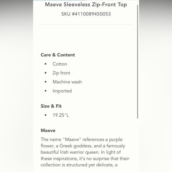 Maeve sleeveless zip front top NWT - Picture 3 of 3